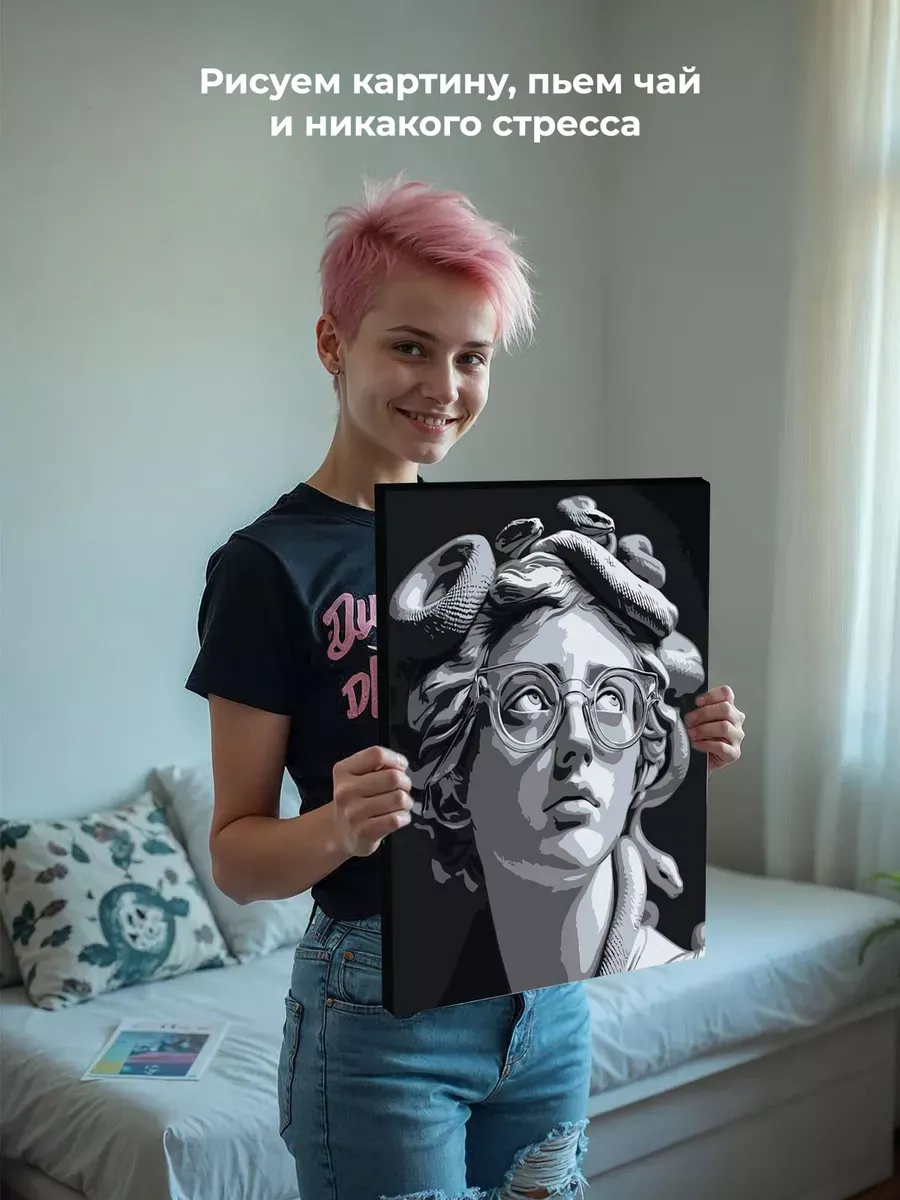 Картина по номерам «Медуза горгона, Венера статуя и змеи чб» — картинка 7