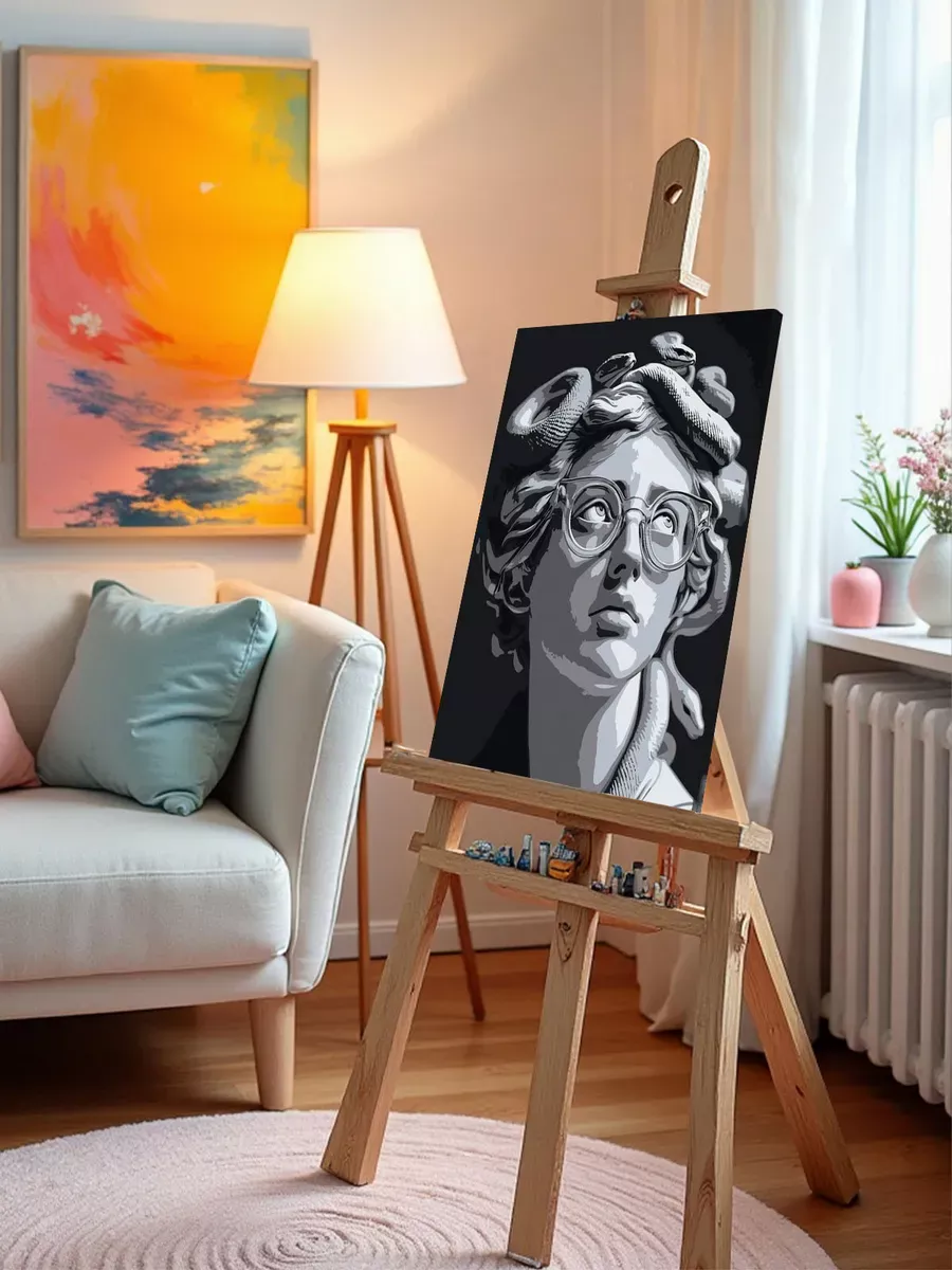 Картина по номерам «Медуза горгона, Венера статуя и змеи чб» — картинка 10