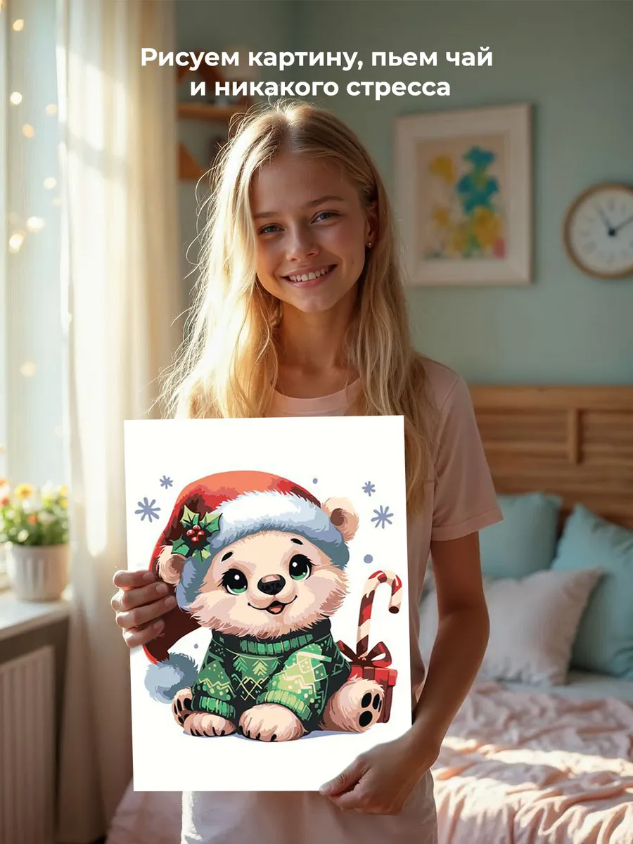 Картина по номерам «Детская, для детей: новогодний медвежонок» — картинка 7