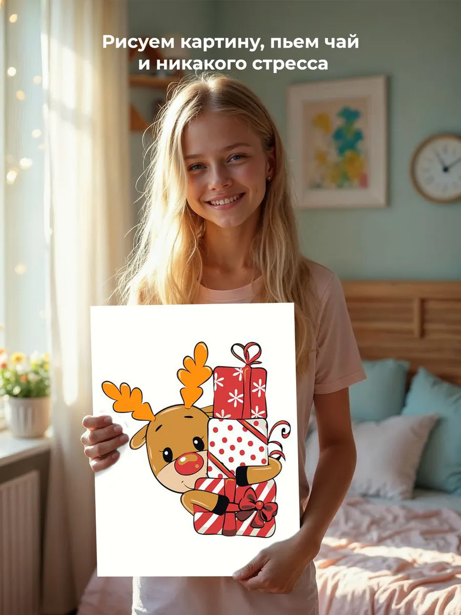Картина по номерам «Детская, для детей: олень с подарками» — картинка 7