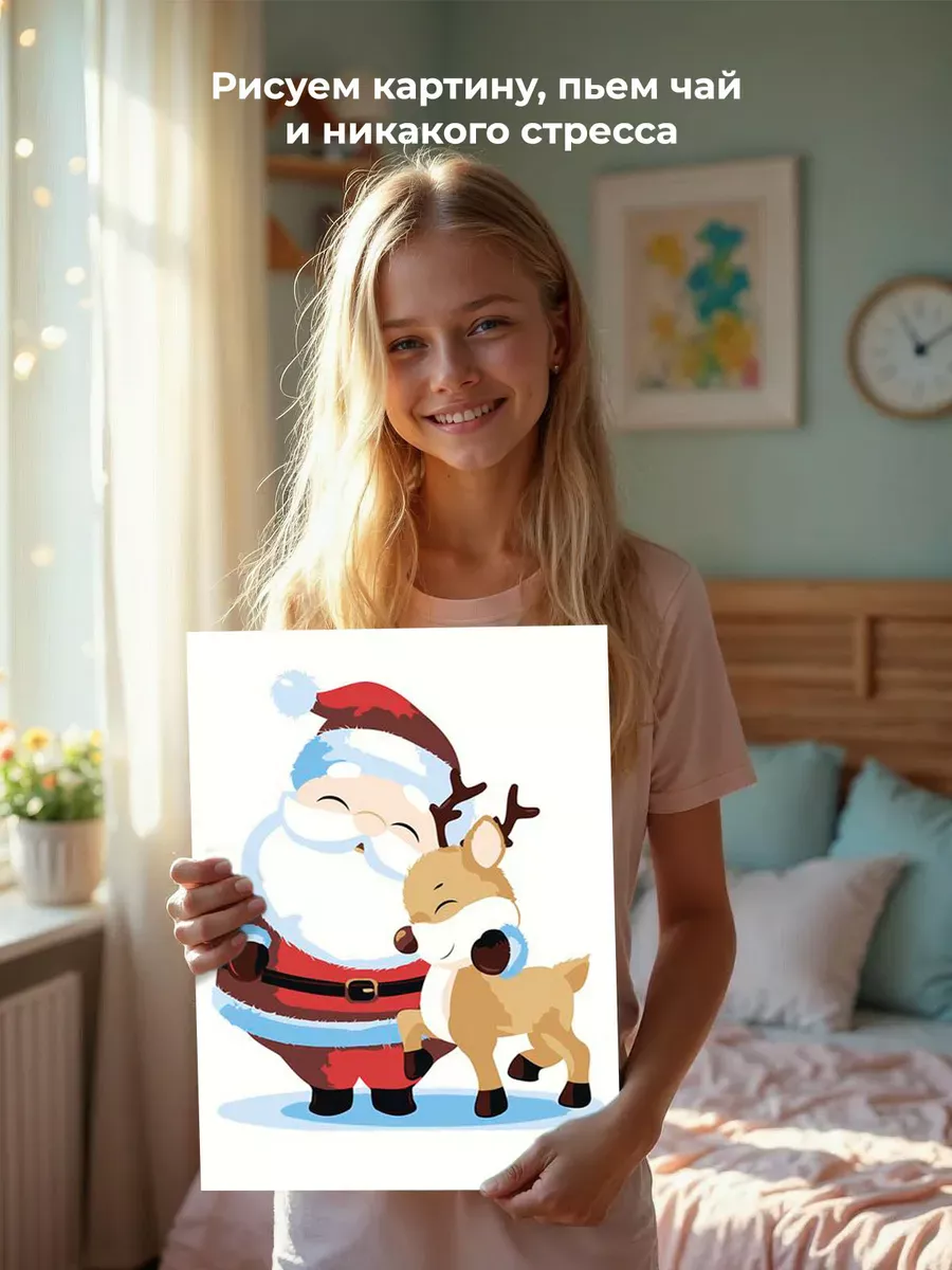 Картина по номерам «Детская, для детей: Дед Мороз и олень» — картинка 6
