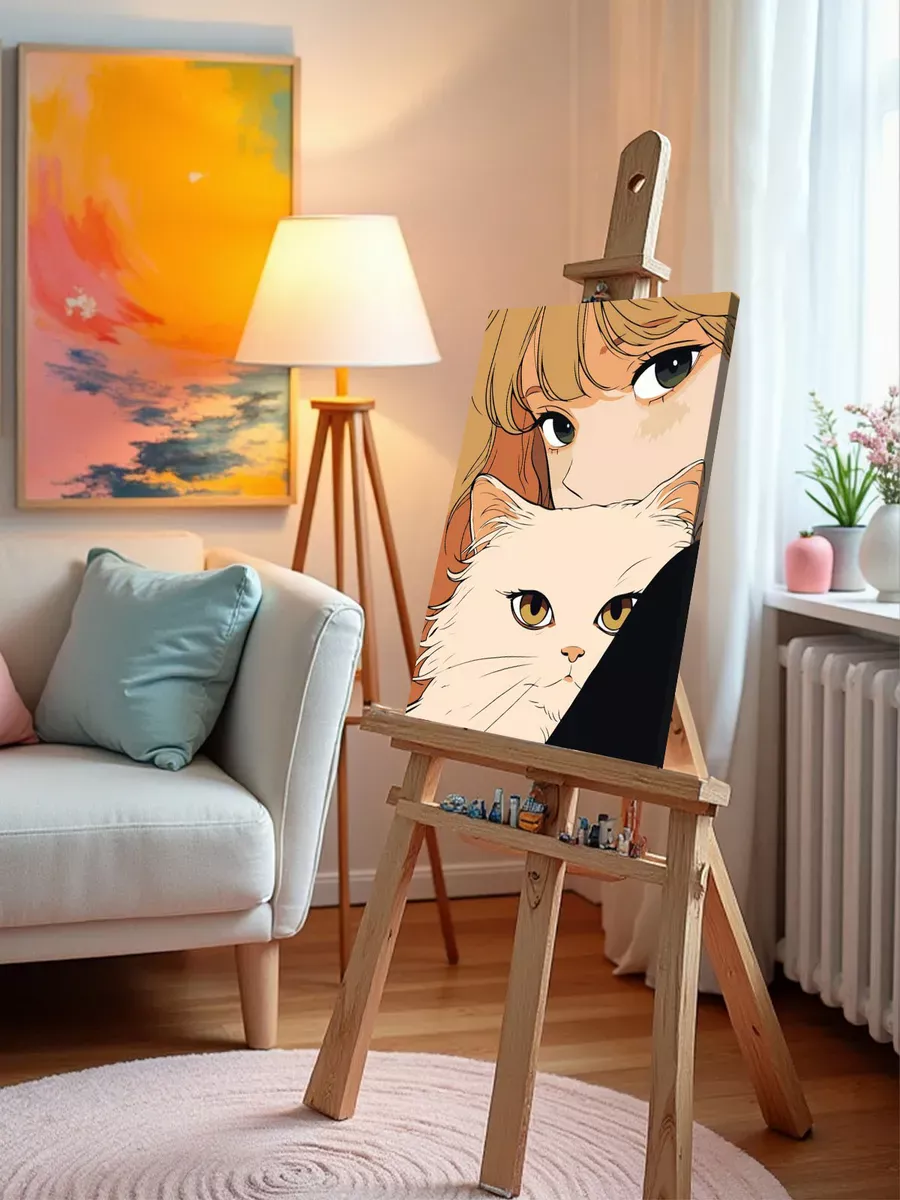 Картина по номерам «Девушка и пушистый кот, в стиле аниме» — картинка 10