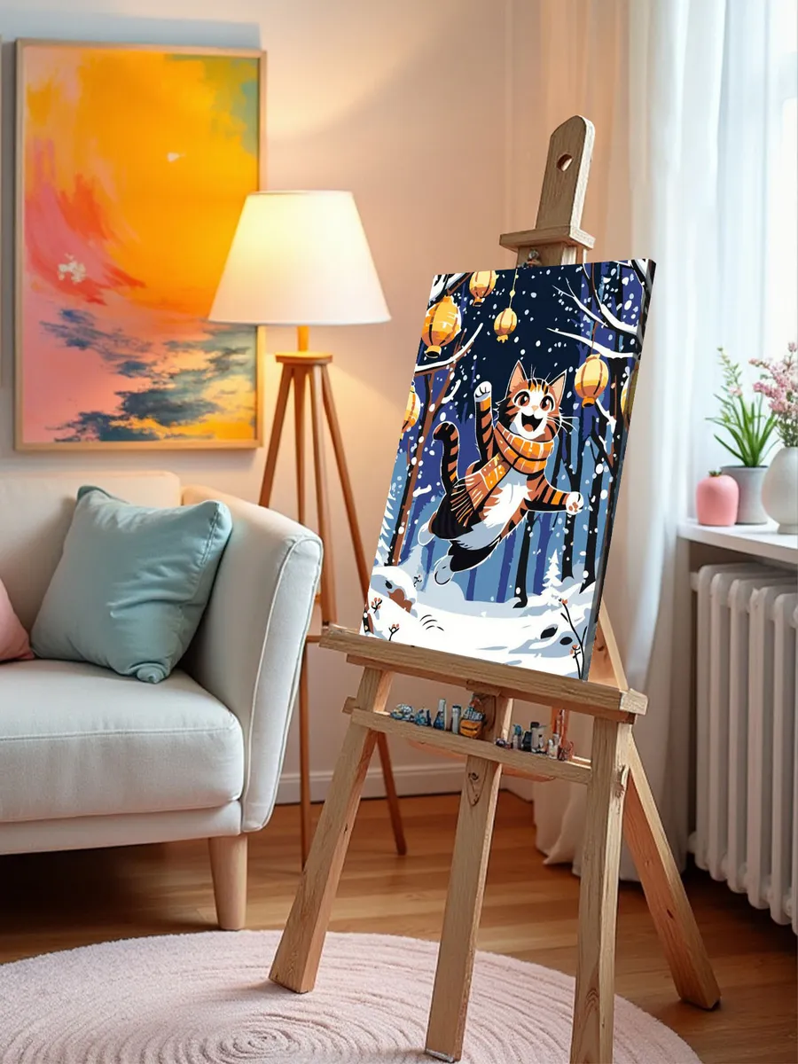 Картина по номерам «Зима: котик, снегопад и фонарики арт» — картинка 10