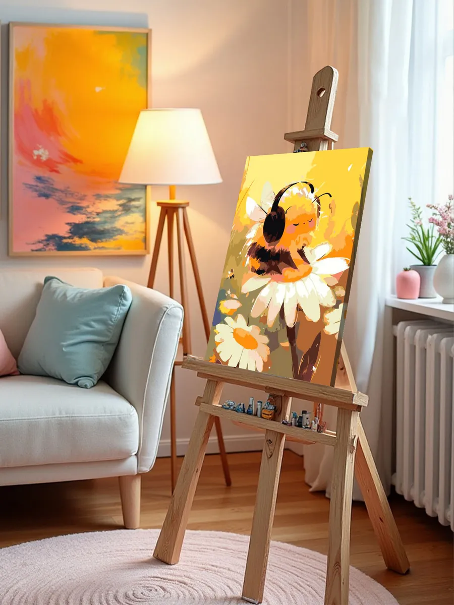 Картина по номерам «Милый шмель в наушниках, цветы ромашки» — картинка 9