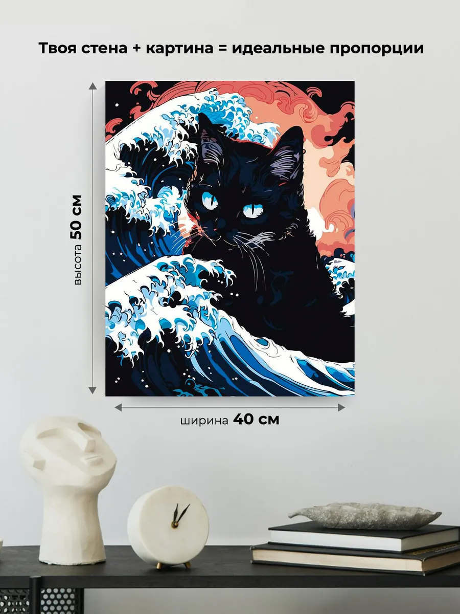 Картина по номерам «Коты и кошки: черный кот в море арт» — картинка 3
