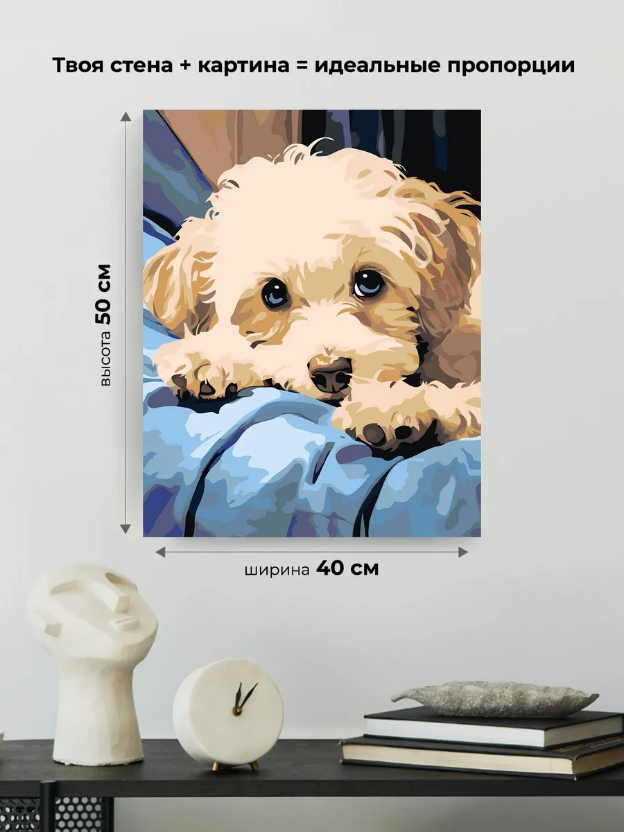 Картина по номерам «Собаки: бежевый щенок мальтипу на кровати» — картинка 3