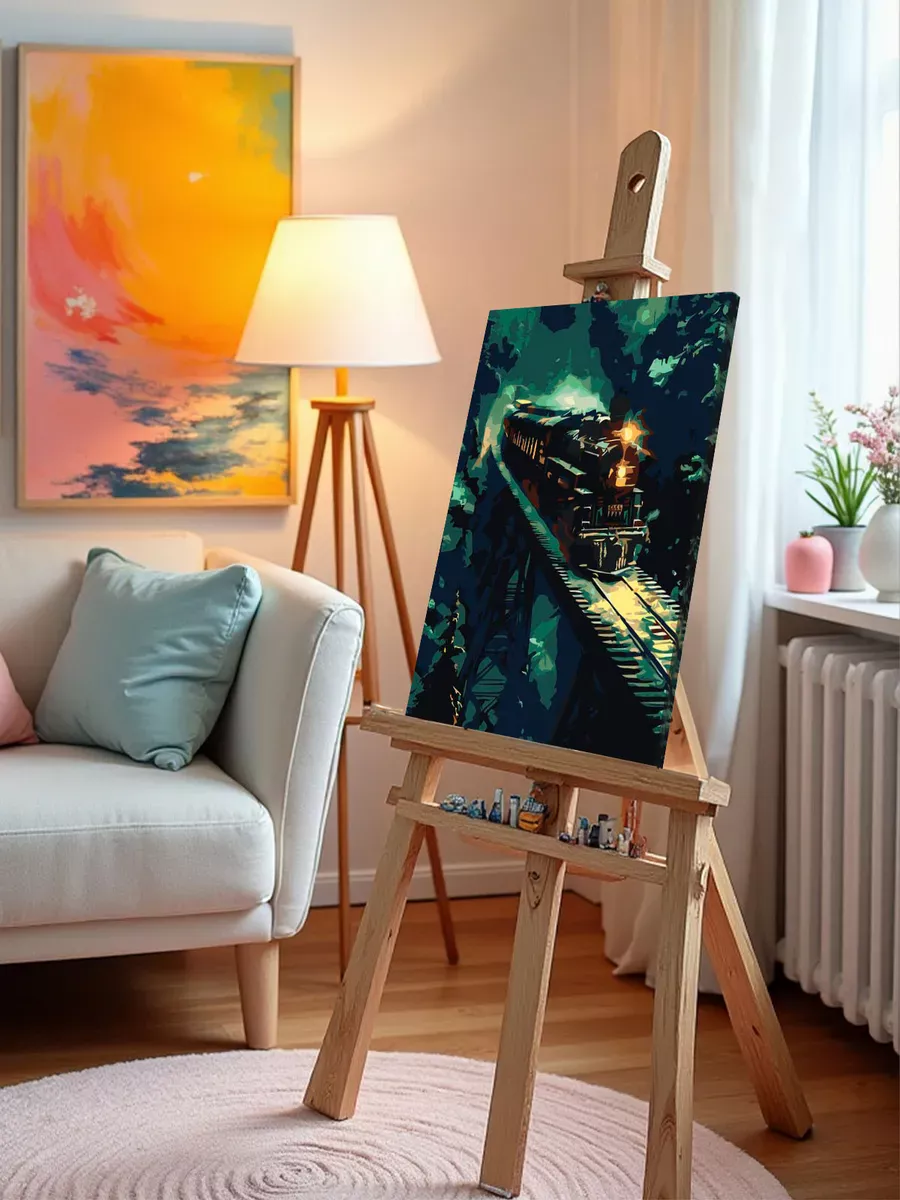 Картина по номерам «Зима: поезд паровоз на мосту, снег» — картинка 10