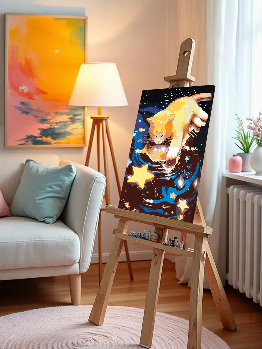Картина по номерам «Коты и кошки: рыжий котенок и звезды» — картинка 10