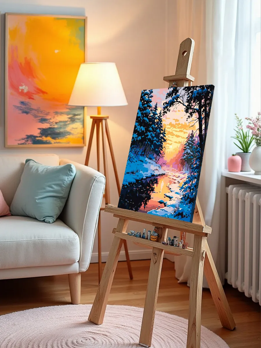 Картина по номерам «Зима: ручей в хвойном лесу, закат» — картинка 10