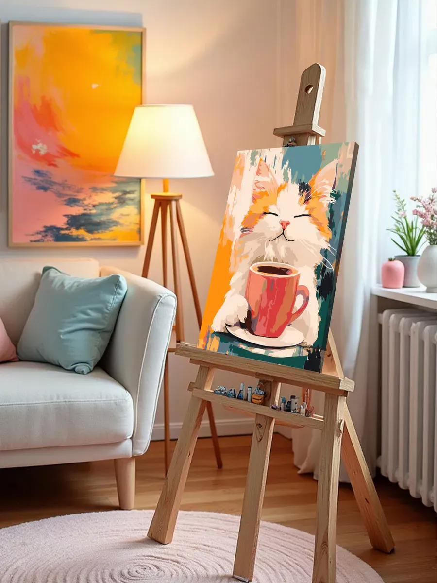 Картина по номерам «Коты и кошки: милый котик с чашкой кофе» — картинка 10