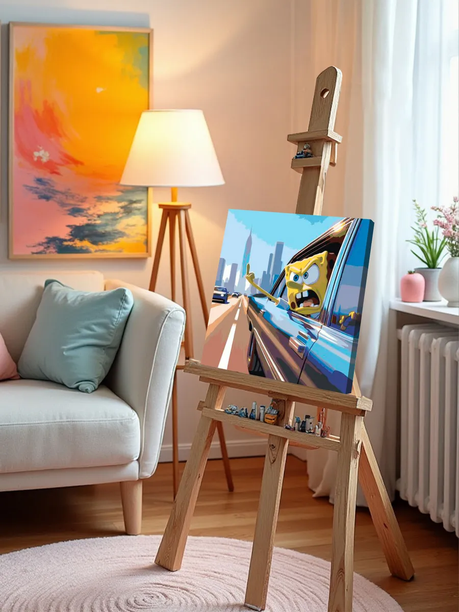 Картина по номерам «Губка Спанч Боб в машине, город арт» — картинка 10