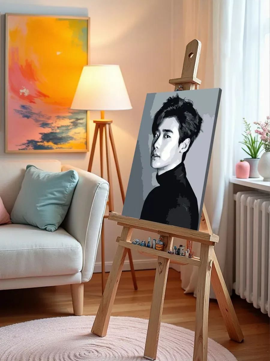 Картина по номерам «Корейский актер Ли Чон Сок, портрет чб» — картинка 9