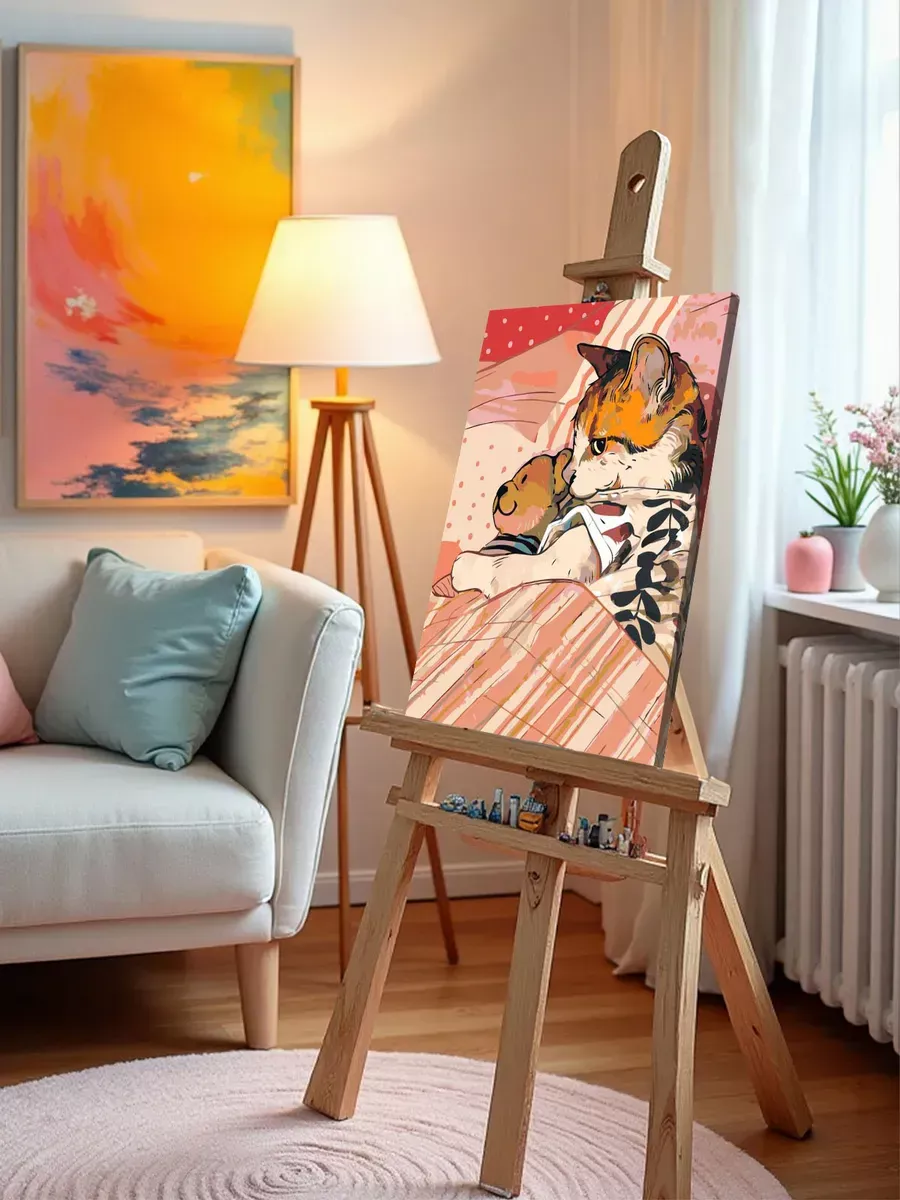 Картина по номерам «Коты и кошки: котик в кроватке с мишкой» — картинка 9