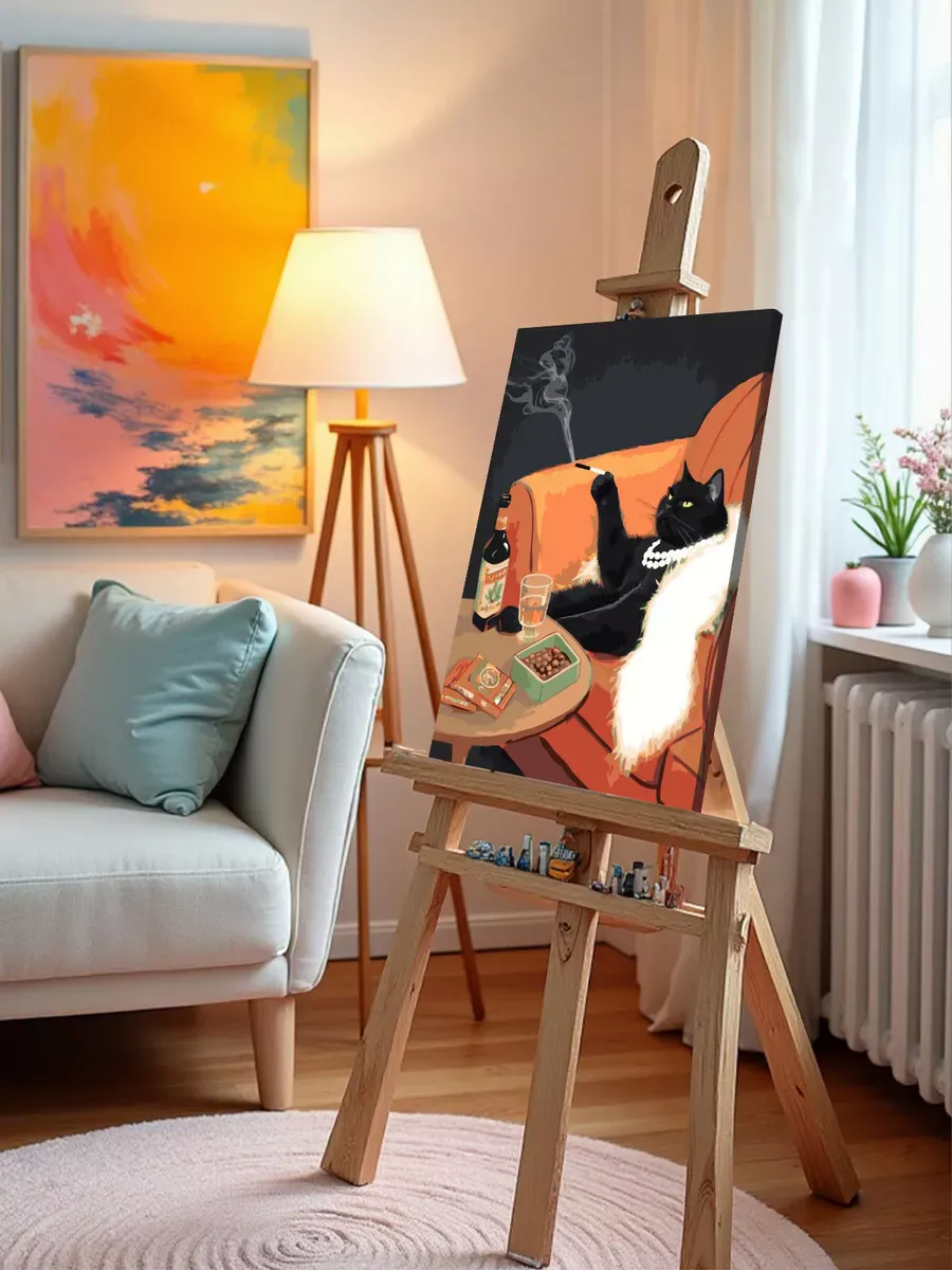 Картина по номерам «Коты и кошки: черная и пушистая в кресле» — картинка 9