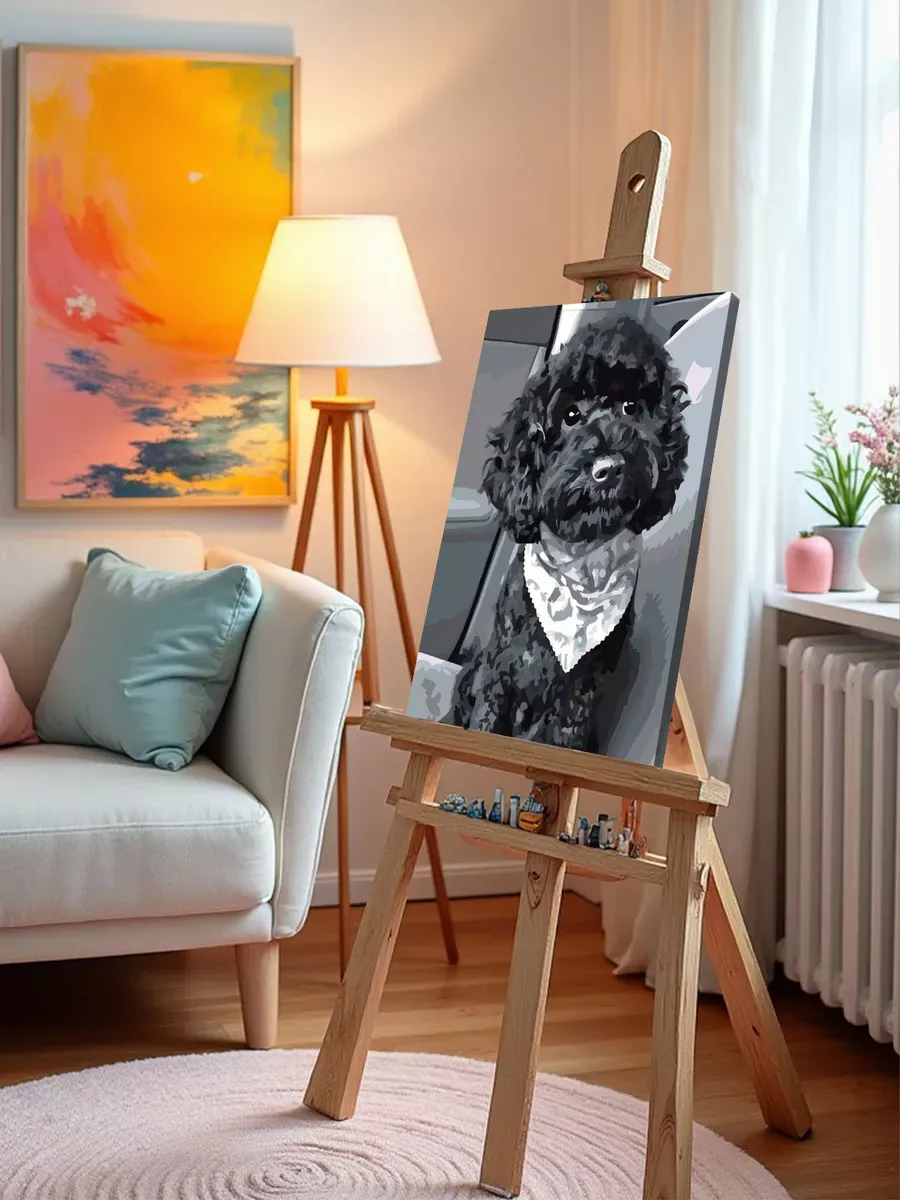 Картина по номерам «Собаки: черный той пудель в машине, чб» — картинка 9