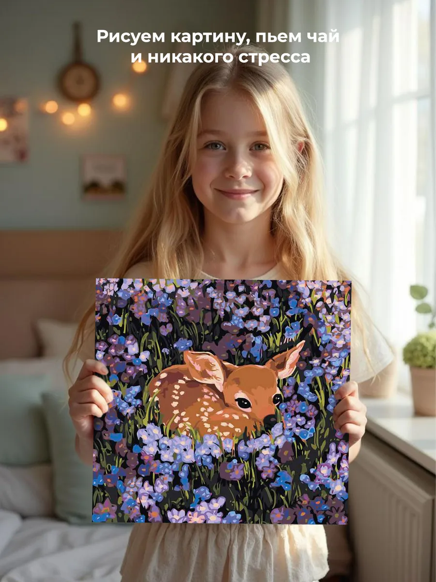 Картина по номерам «Природа: милый оленёнок в цветах» — картинка 6