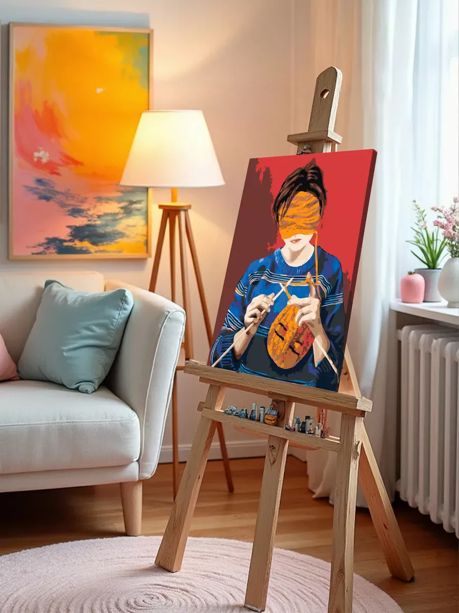 Картина по номерам «Девушка вяжет для себя маску, арт» — картинка 10