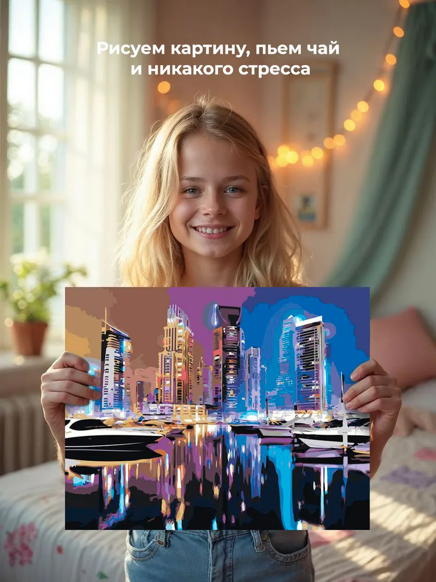 Картина по номерам «Дубай, ОАЭ, Эмираты: яхты ночью, неон» — картинка 7