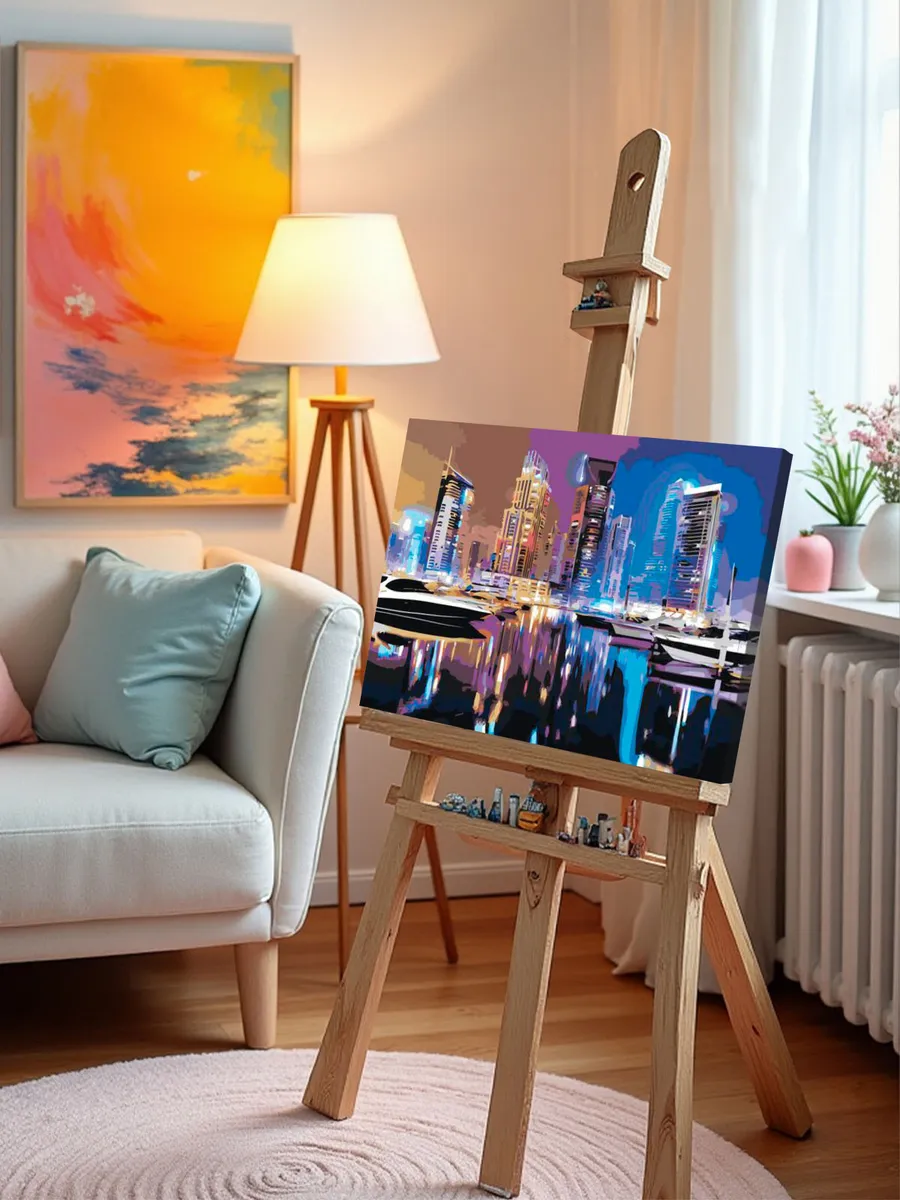 Картина по номерам «Дубай, ОАЭ, Эмираты: яхты ночью, неон» — картинка 10