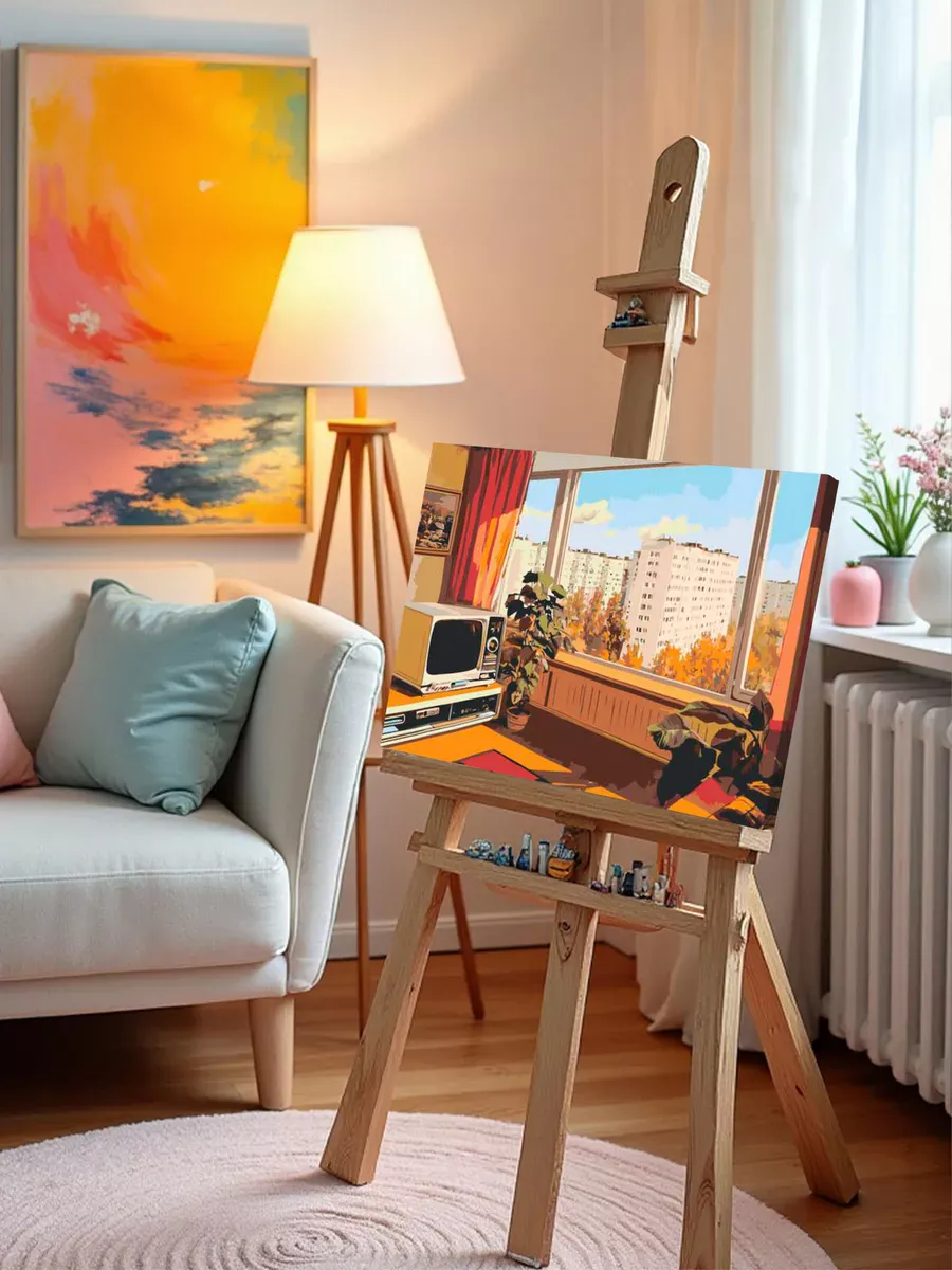 Картина по номерам «Панельки родные: комната с видом на город» — картинка 9