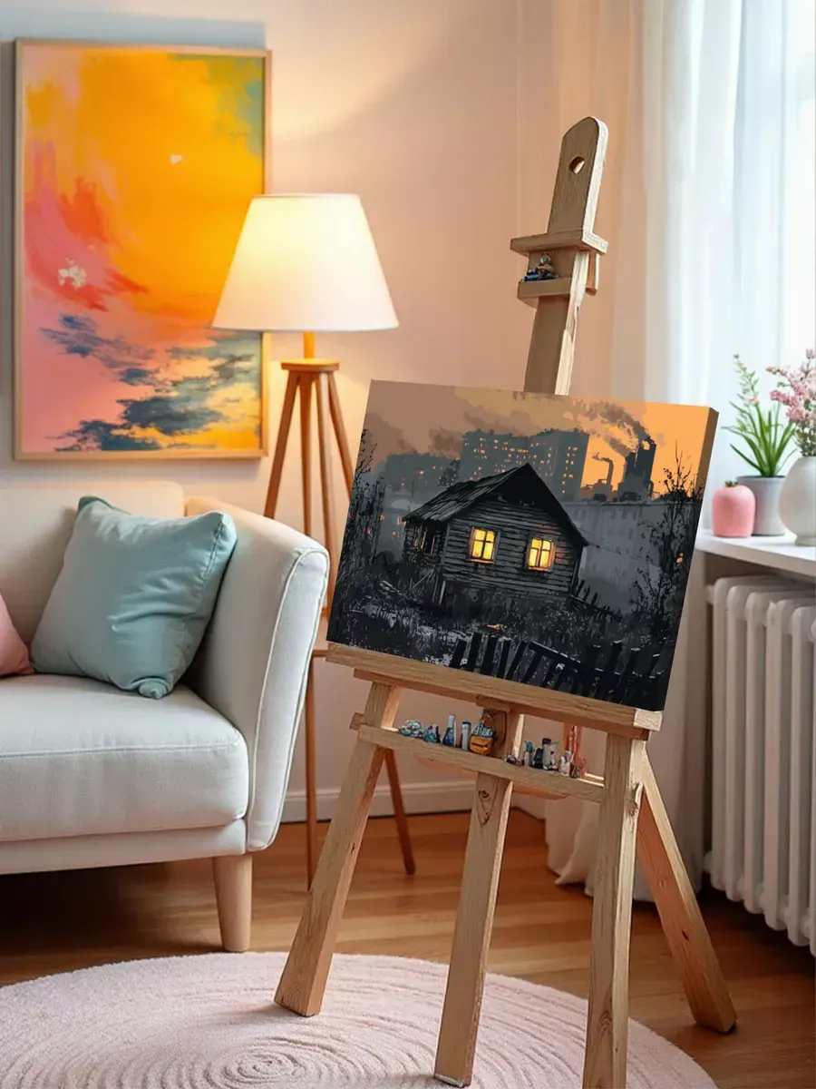 Картина по номерам «Панельки родные: избушка на фоне города» — картинка 9