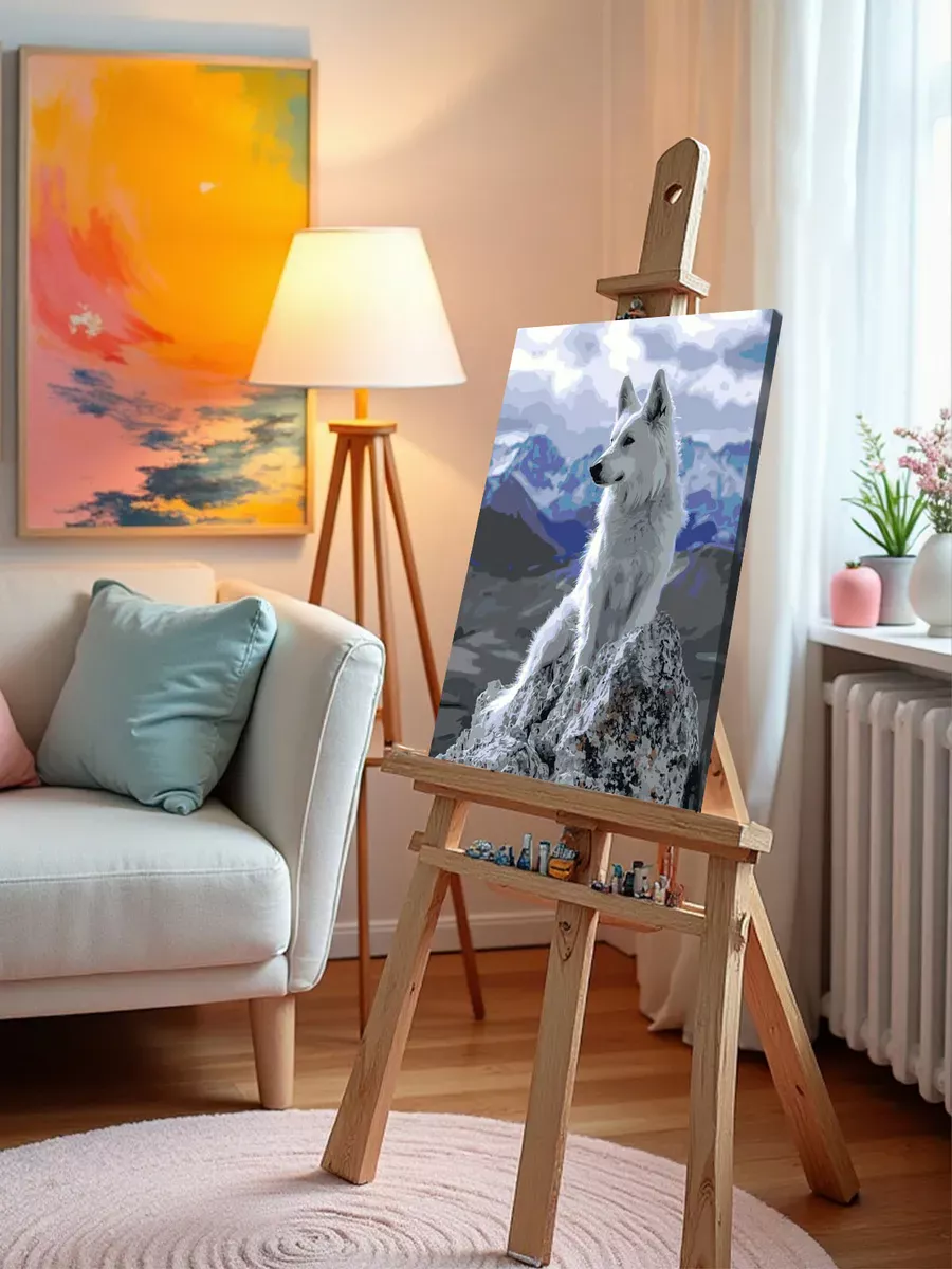 Картина по номерам «Собаки: белая швейцарская овчарка, горы» — картинка 9