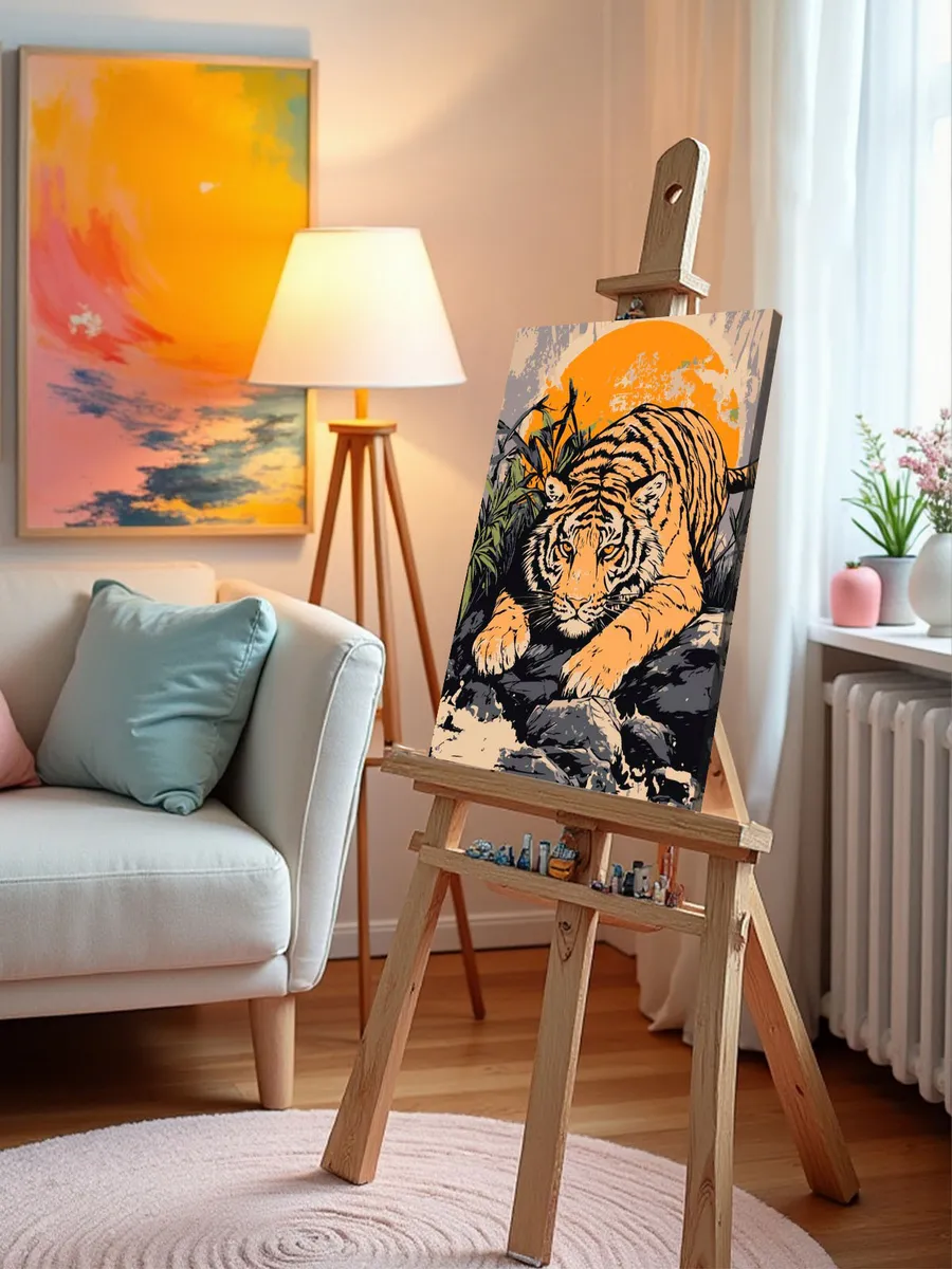 Картина по номерам «Животные: тигр у ручья на фоне солнца» — картинка 9