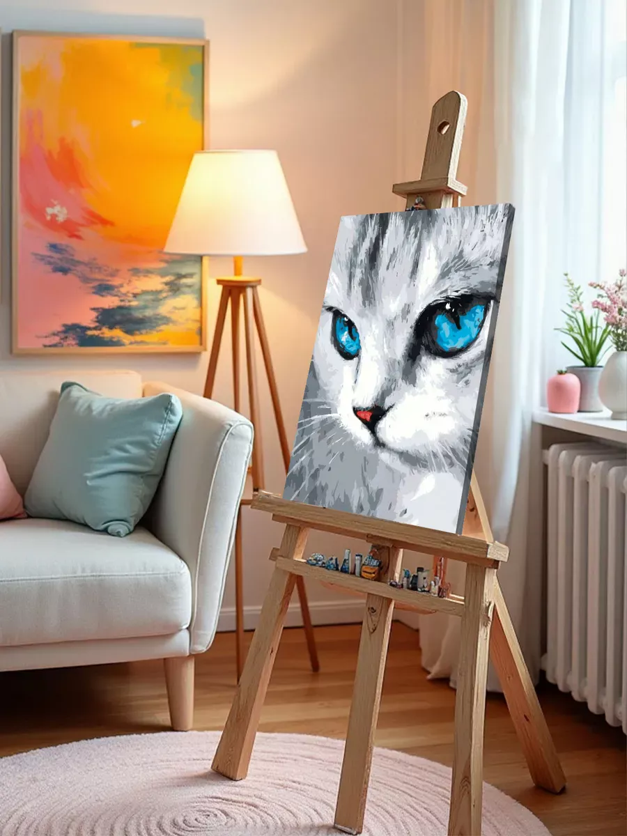 Картина по номерам «Кошки: серый котенок с голубыми глазами» — картинка 9