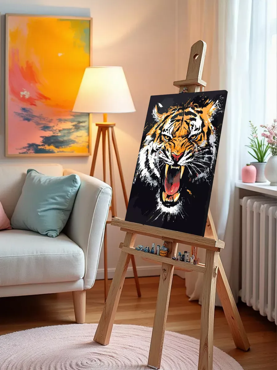 Картина по номерам «Животные: ревущий тигр арт, природа» — картинка 9