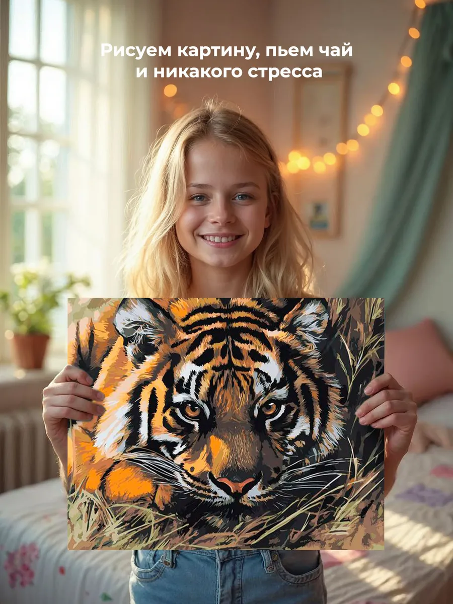 Картина по номерам «Животные: тигр прячется в траве, природа» — картинка 6