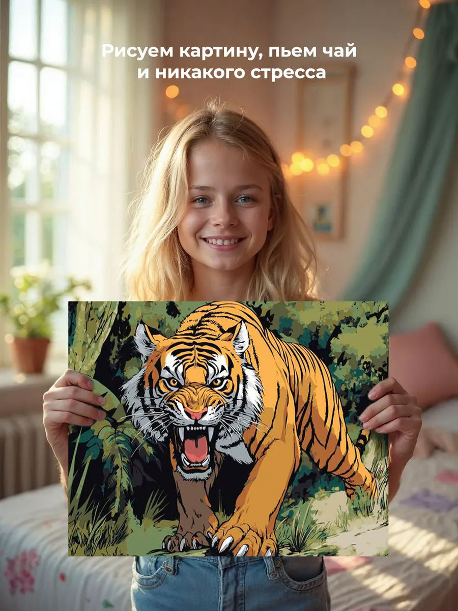 Картина по номерам «Животные: ревущий тигр в джунглях арт» — картинка 6