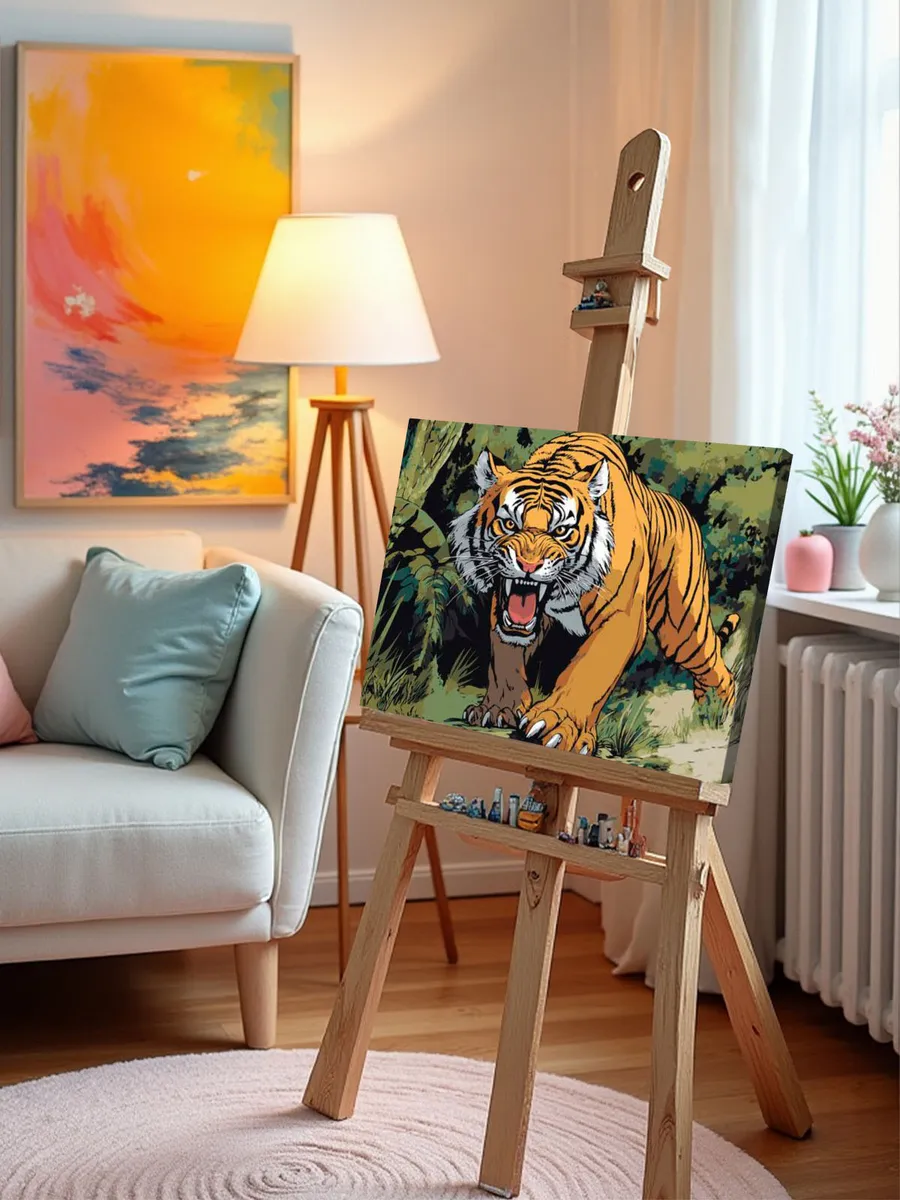 Картина по номерам «Животные: ревущий тигр в джунглях арт» — картинка 9