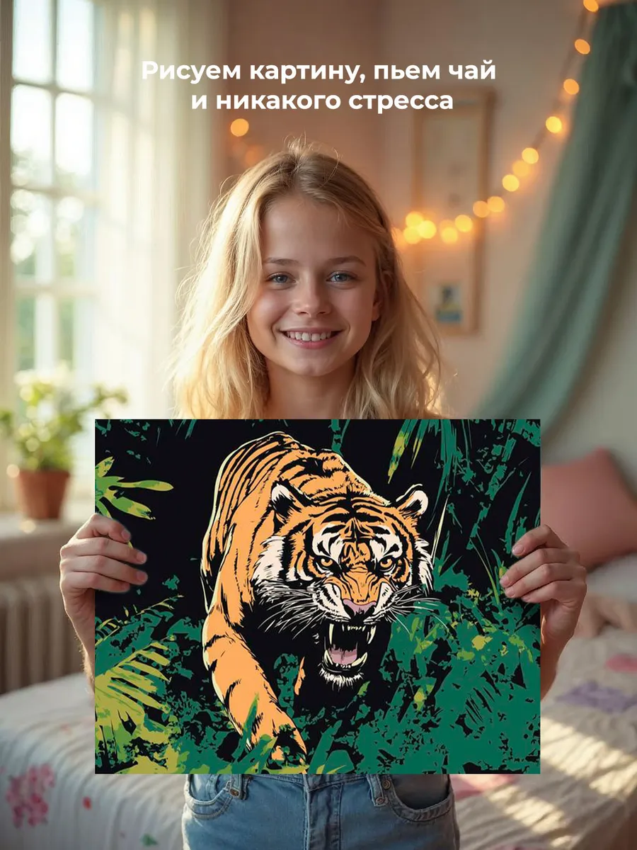 Картина по номерам «Животные: ревущий тигр в джунглях арт» — картинка 6