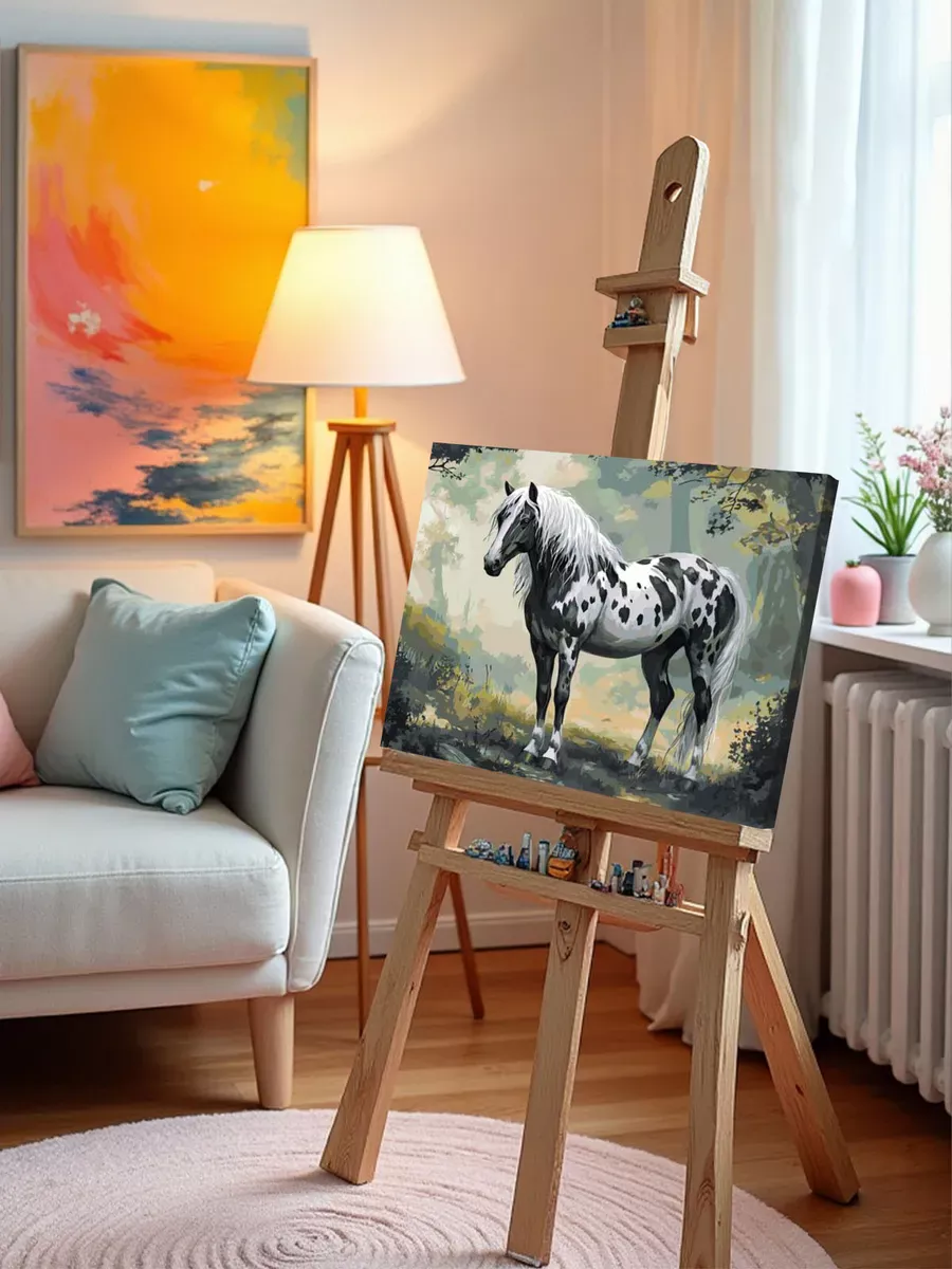 Картина по номерам «Животные: черно-белая лошадь в лесу» — картинка 10