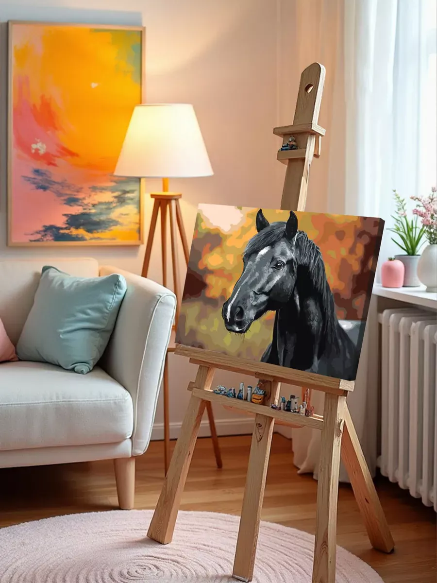 Картина по номерам «Животные: черная лошадь в лесу, осень» — картинка 10