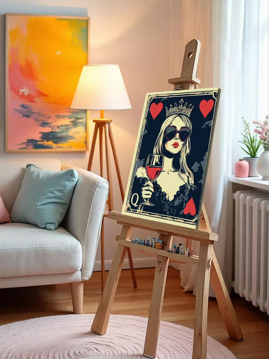 Картина по номерам «Девушка в очках, красное вино, карта дама» — картинка 9