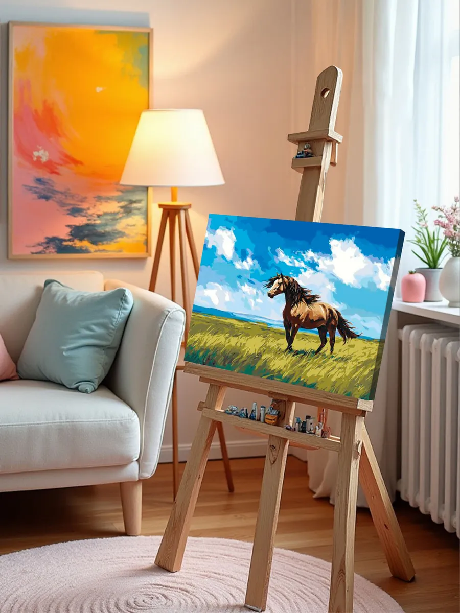Картина по номерам «Животные: лошадь на зеленом лугу, пейзаж» — картинка 9