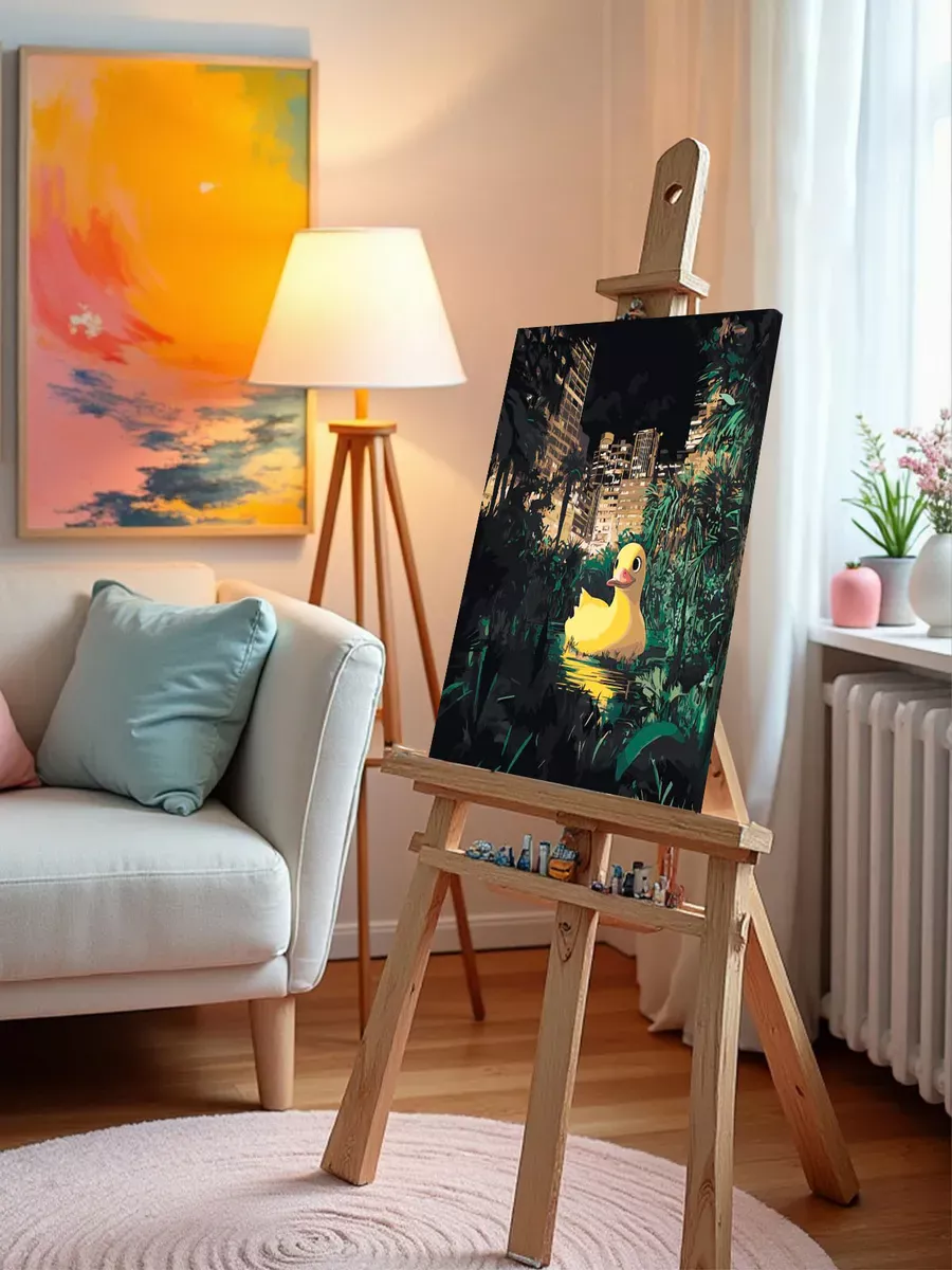 Картина по номерам «Утка в пруду, ночной город неон арт» — картинка 10