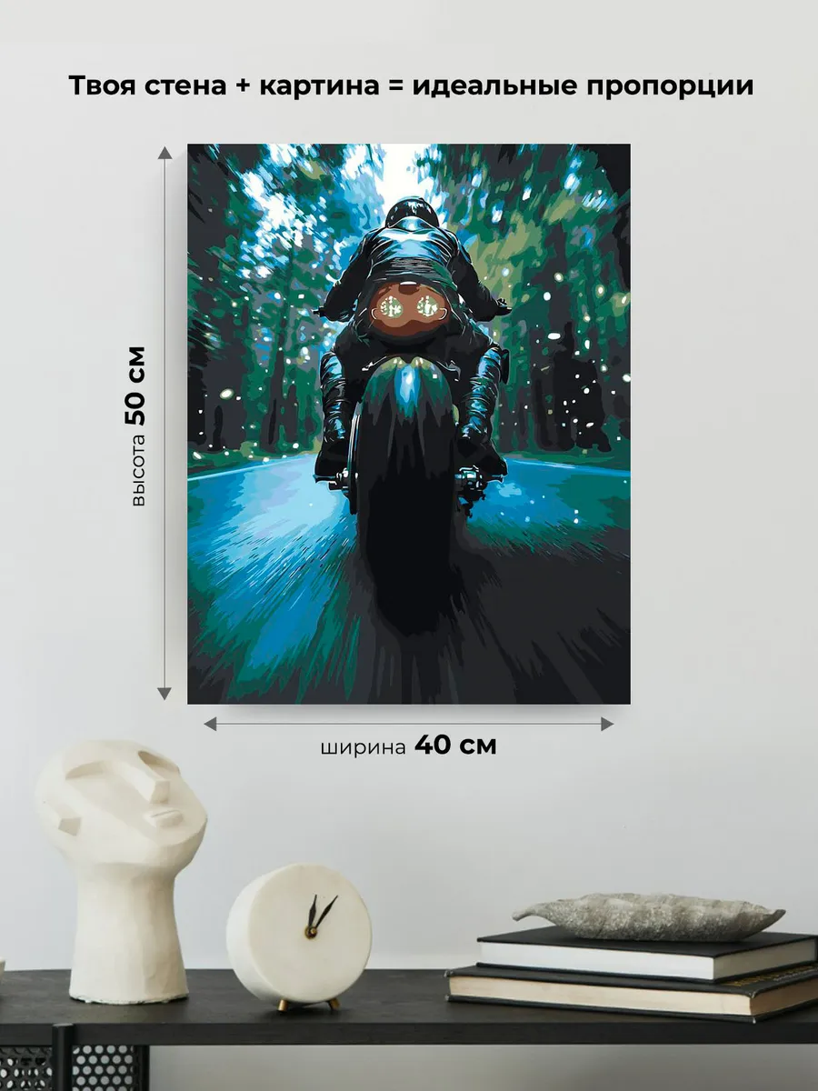 Картина по номерам «Гонщик на мотоцикле на дороге в лесу» — картинка 3