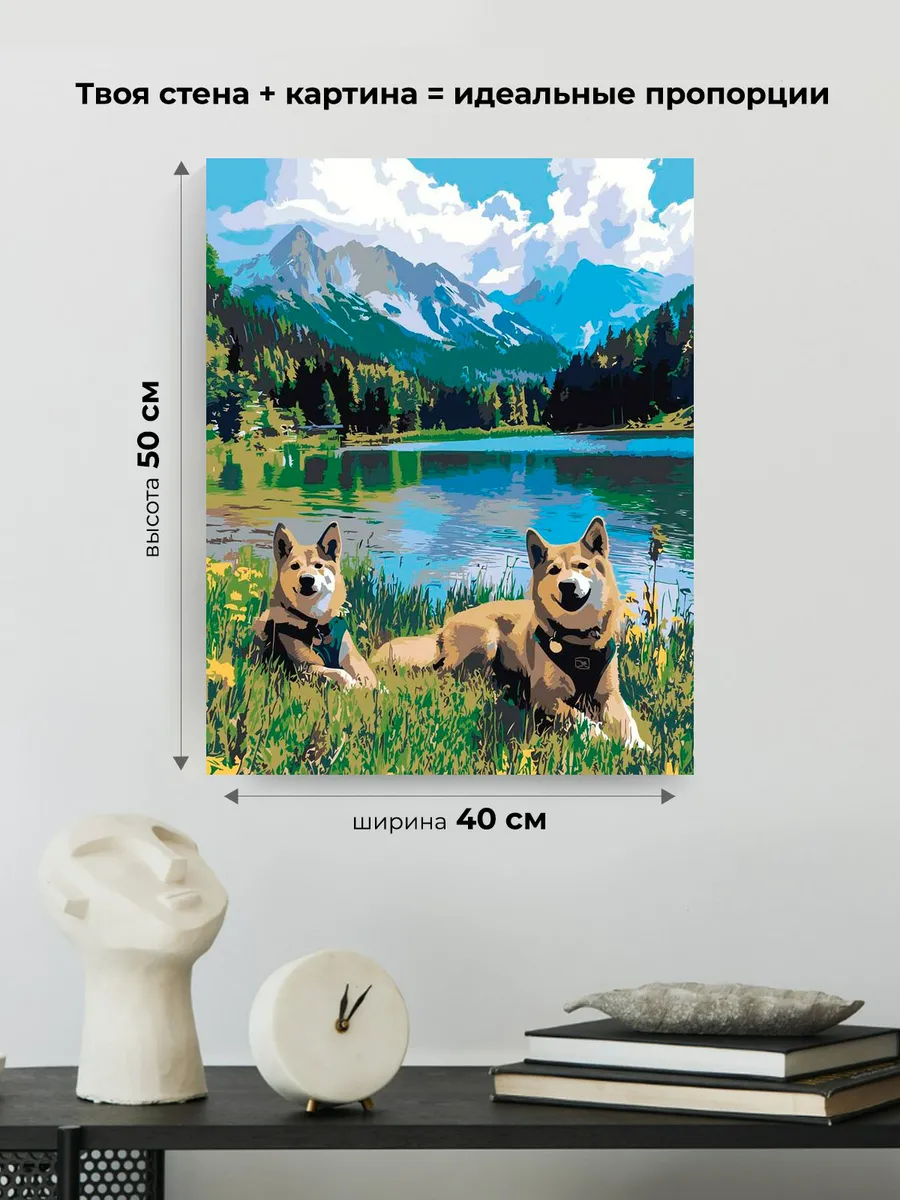 Картина по номерам «Собаки: актиа-ину и озеро в лесу, горы» — картинка 3