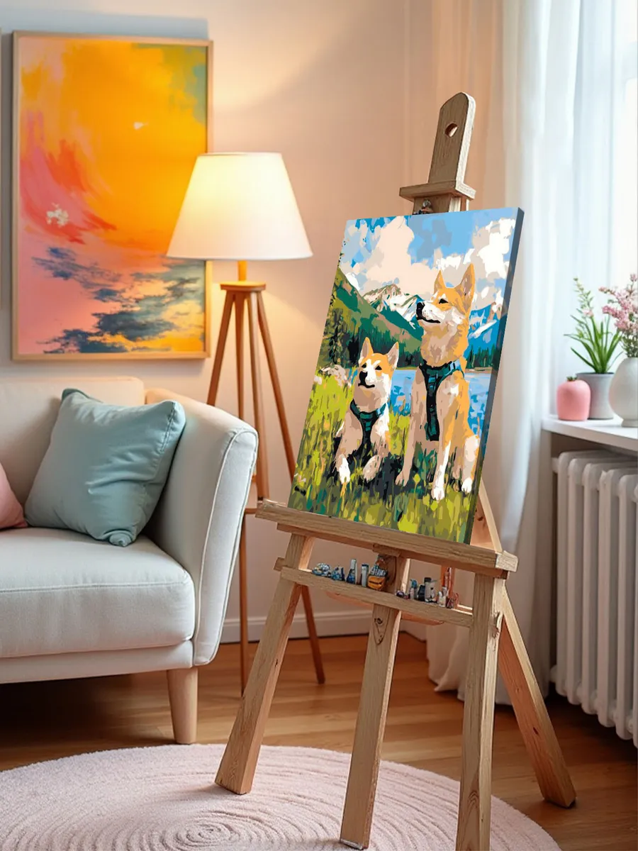 Картина по номерам «Собаки: актиа-ину и озеро в лесу, горы» — картинка 10