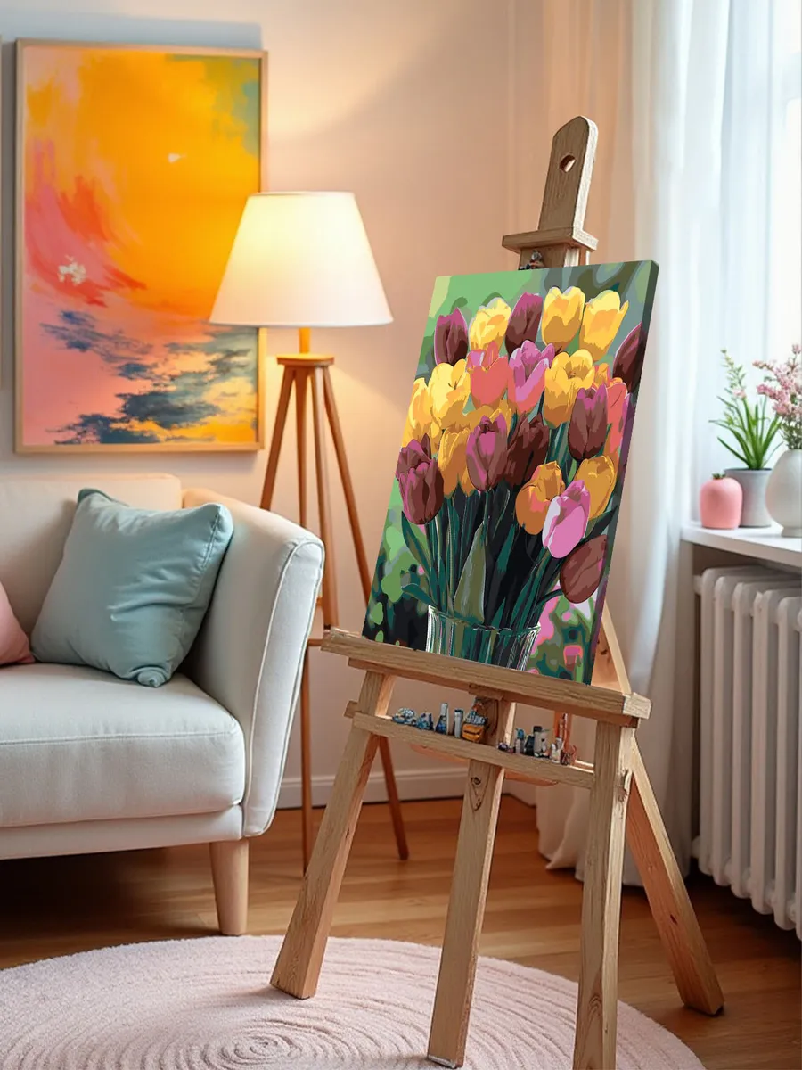 Картина по номерам «Цветы: яркие тюльпаны в вазе, весна» — картинка 10