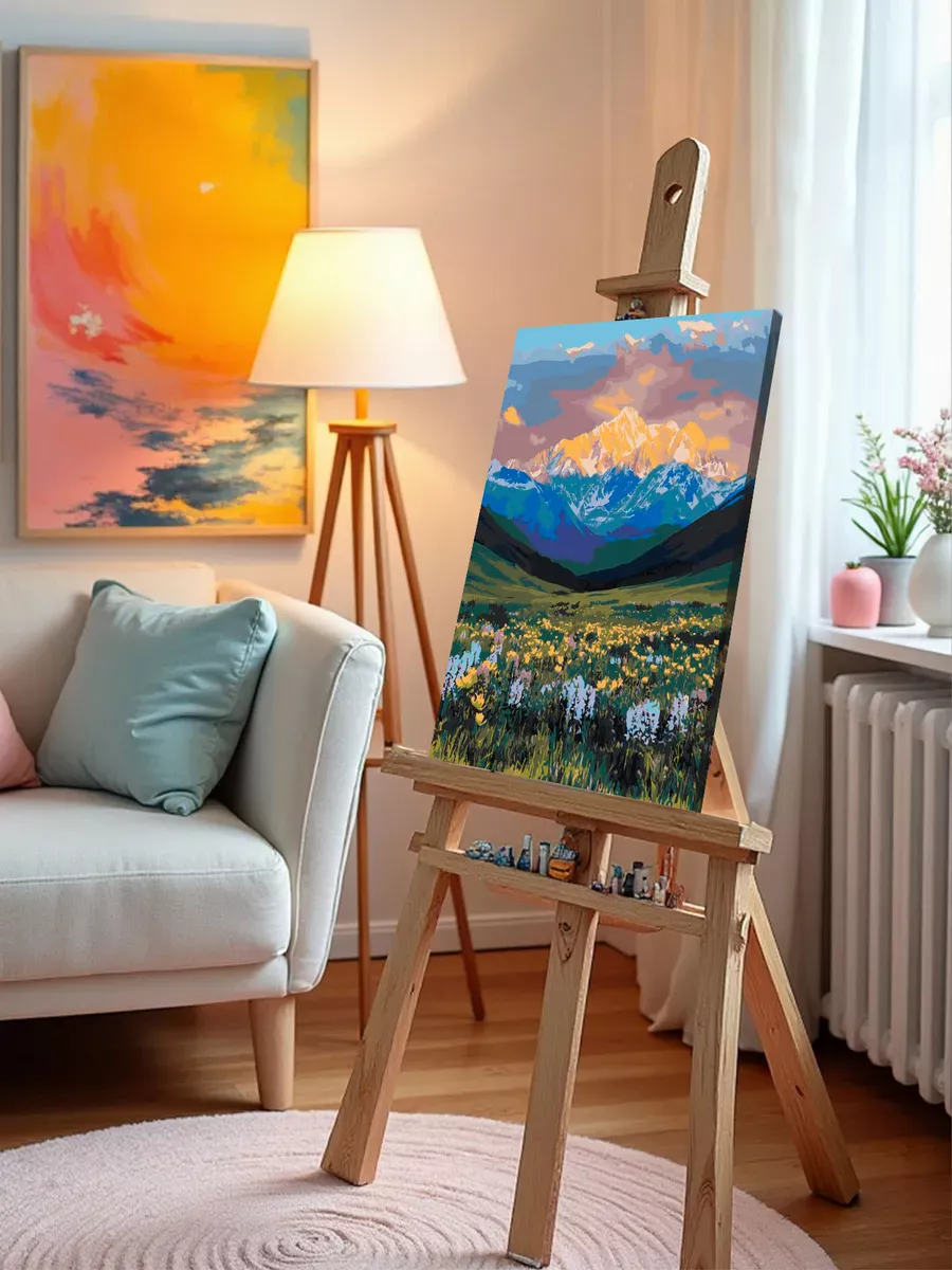 Картина по номерам «Цветы на поляне и горы на рассвете» — картинка 9