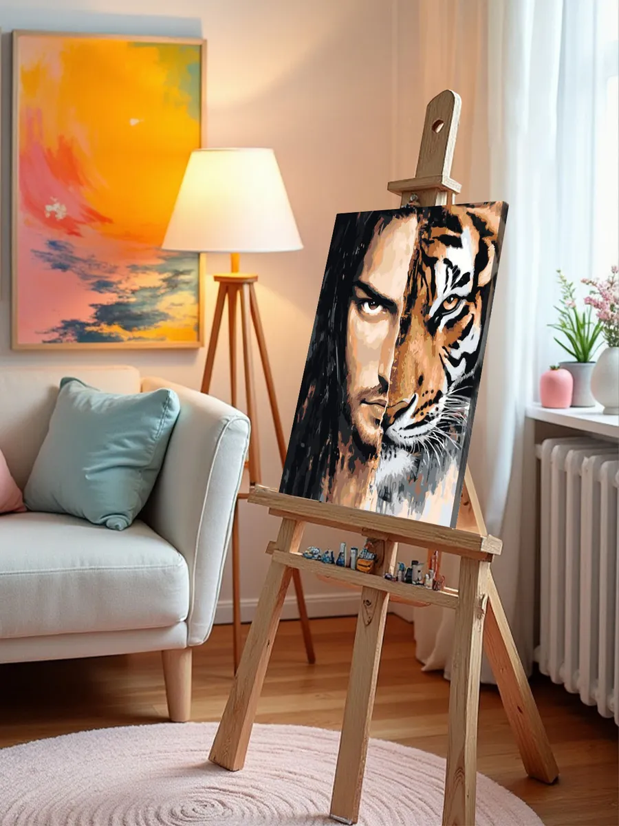 Картина по номерам «Животные: тигр и мужчина, лицо зверя» — картинка 9