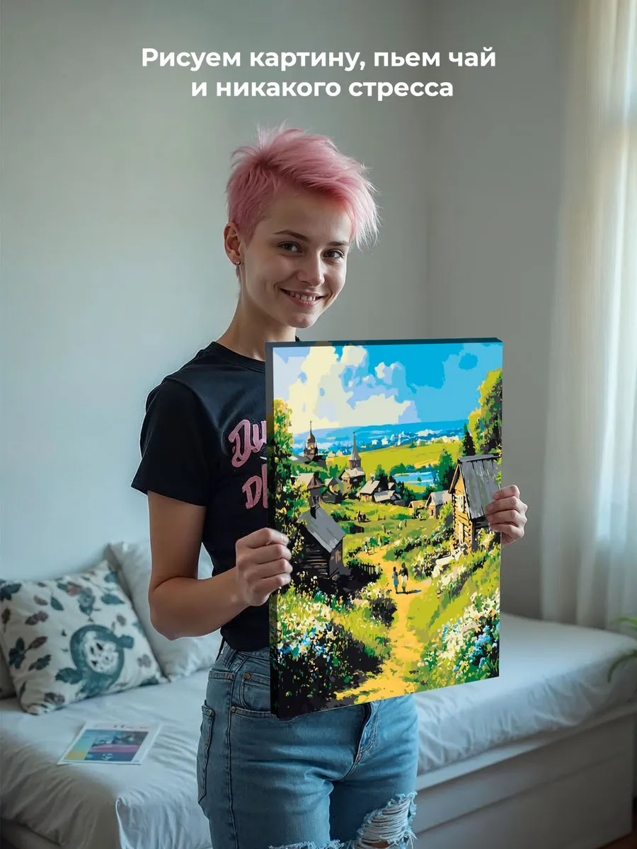 Картина по номерам «Пейзаж: церковь в деревне, цветы, весна» — картинка 7