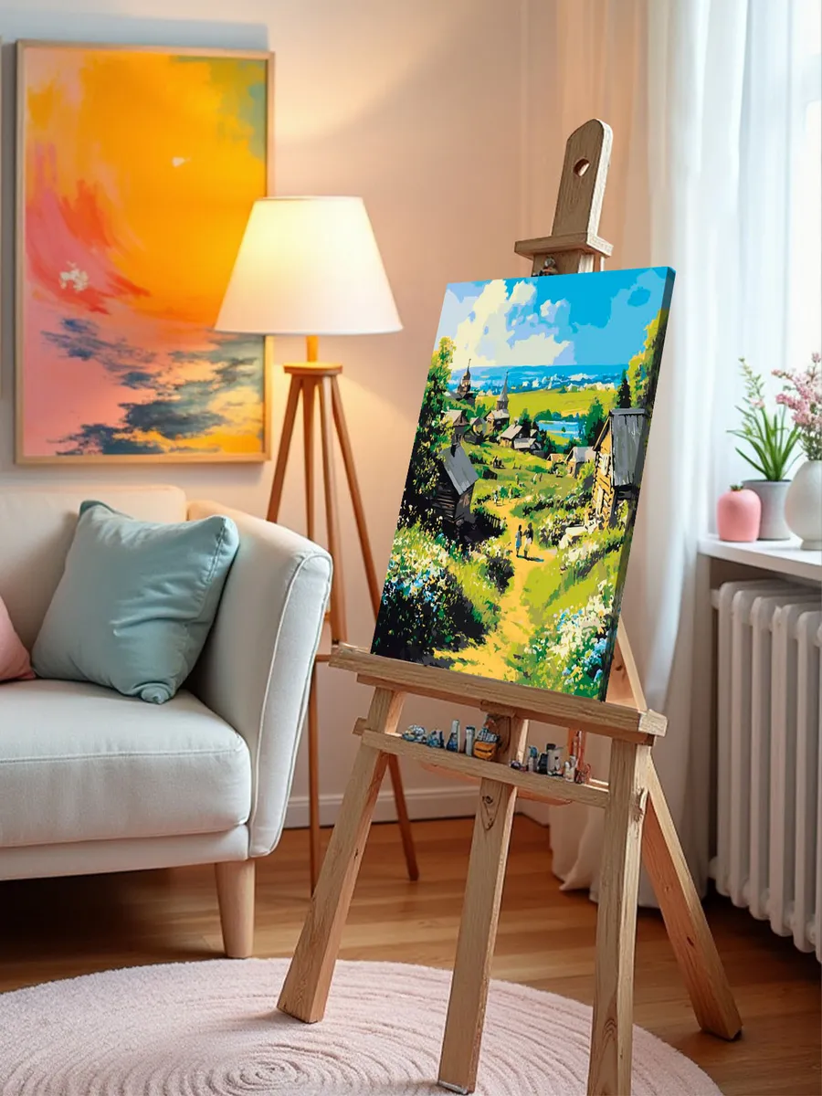 Картина по номерам «Пейзаж: церковь в деревне, цветы, весна» — картинка 10