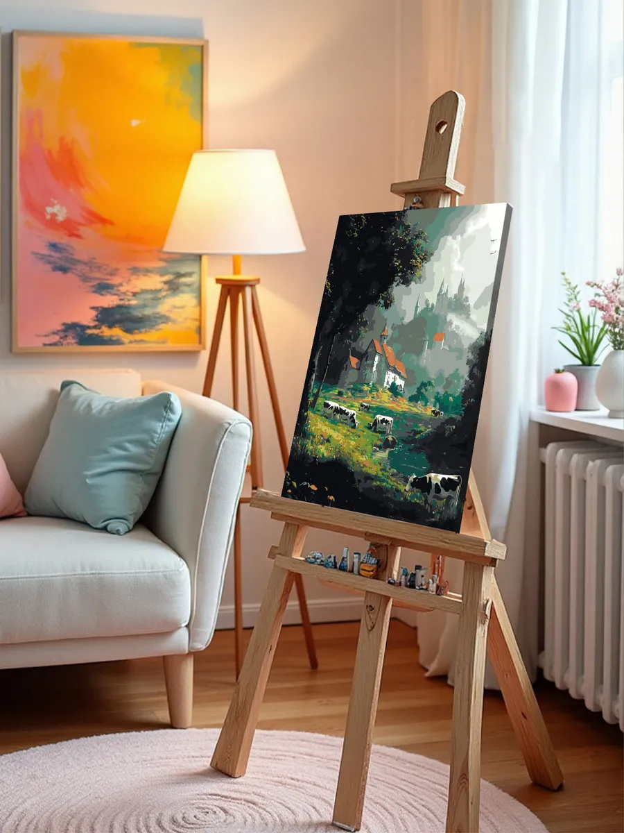 Картина по номерам «Пейзаж: церковь в деревне, коровы на лугу» — картинка 10