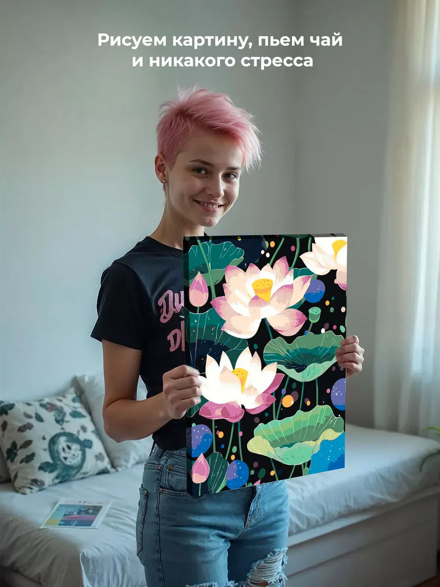 Картина по номерам «Цветы: яркие лотосы в пруду, буддизм» — картинка 7