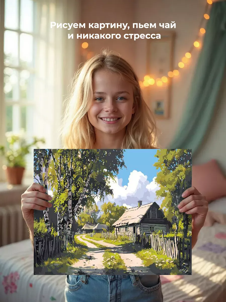 Картина по номерам «Пейзаж: дом в деревне, дорога и березы» — картинка 7