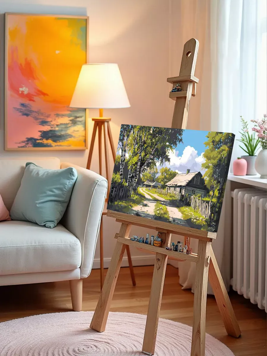 Картина по номерам «Пейзаж: дом в деревне, дорога и березы» — картинка 10